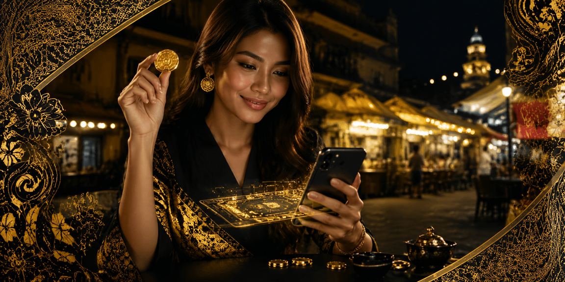 Pengguna mengakses platform taruhan sukan melalui telefon pintar dengan corak batik Kota Bharu