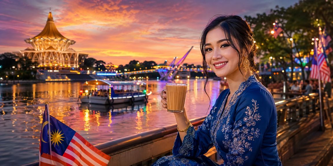 Seorang wanita dalam busana tradisional Kuching membuat deposit dalam aplikasi kasino dalam talian