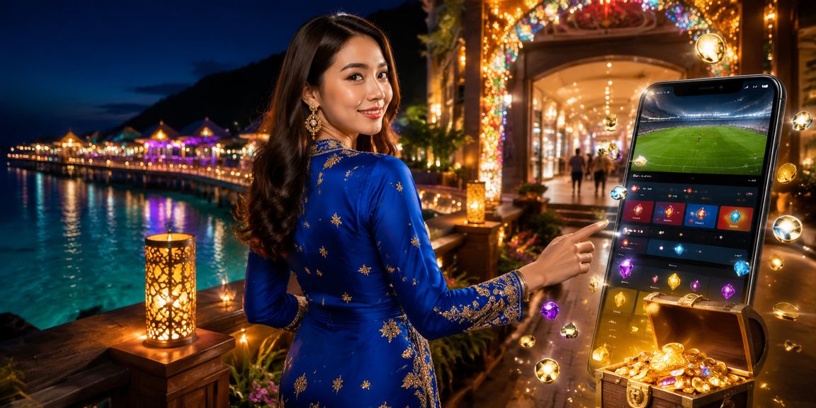 Pengguna wanita berbaju kurung mengakses taruhan langsung melalui telefon pintar di Sabah